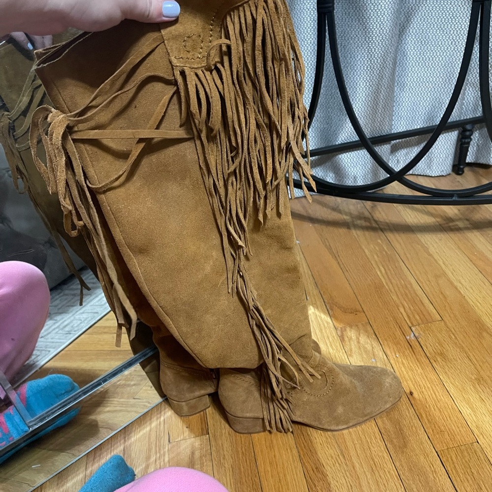 Zara leather knee high fringe boots